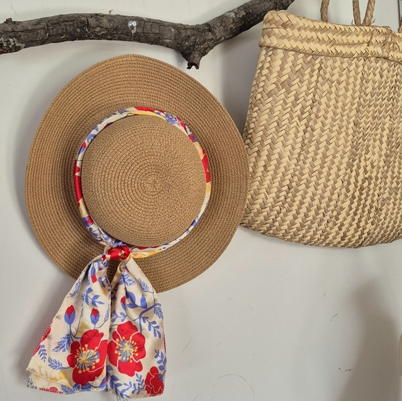 Straw Hat with Floral Scarf Accent - Picture 1 of 1